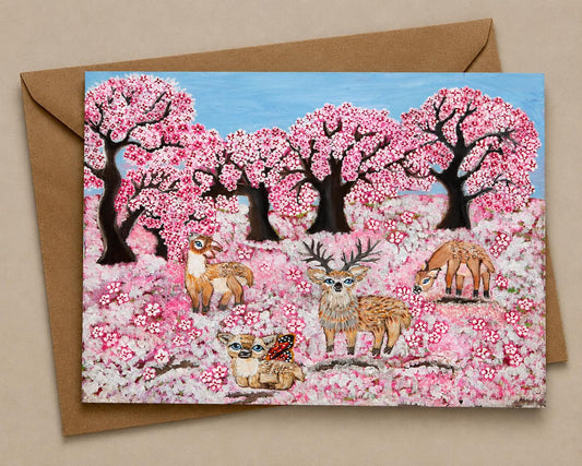 Deer Friends in Blossom Fine Art Greeting Card