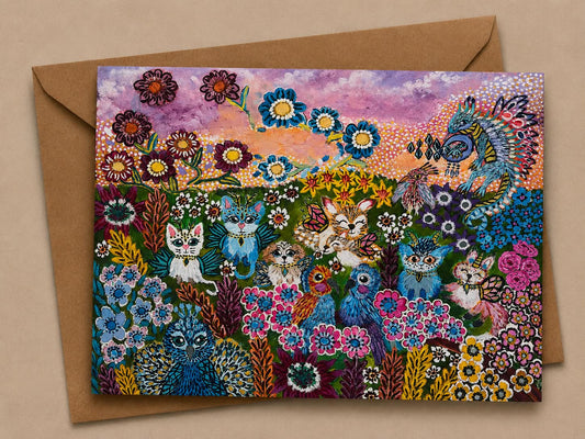 The Garden of Flutter and Fur - Fine Art Greeting Card