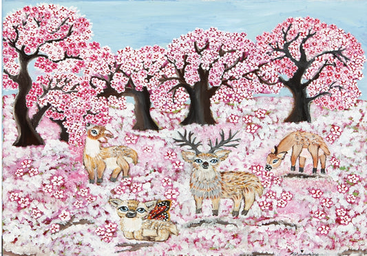 Deer Friends in Blossom Fine Art Greeting Card