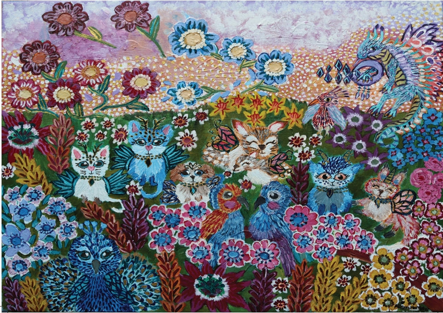 The Garden of Flutter and Fur - Fine Art Greeting Card