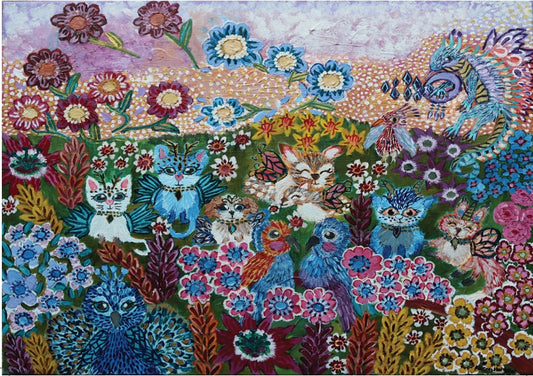 The Garden of Flutter and Fur - Fine Art Greeting Card